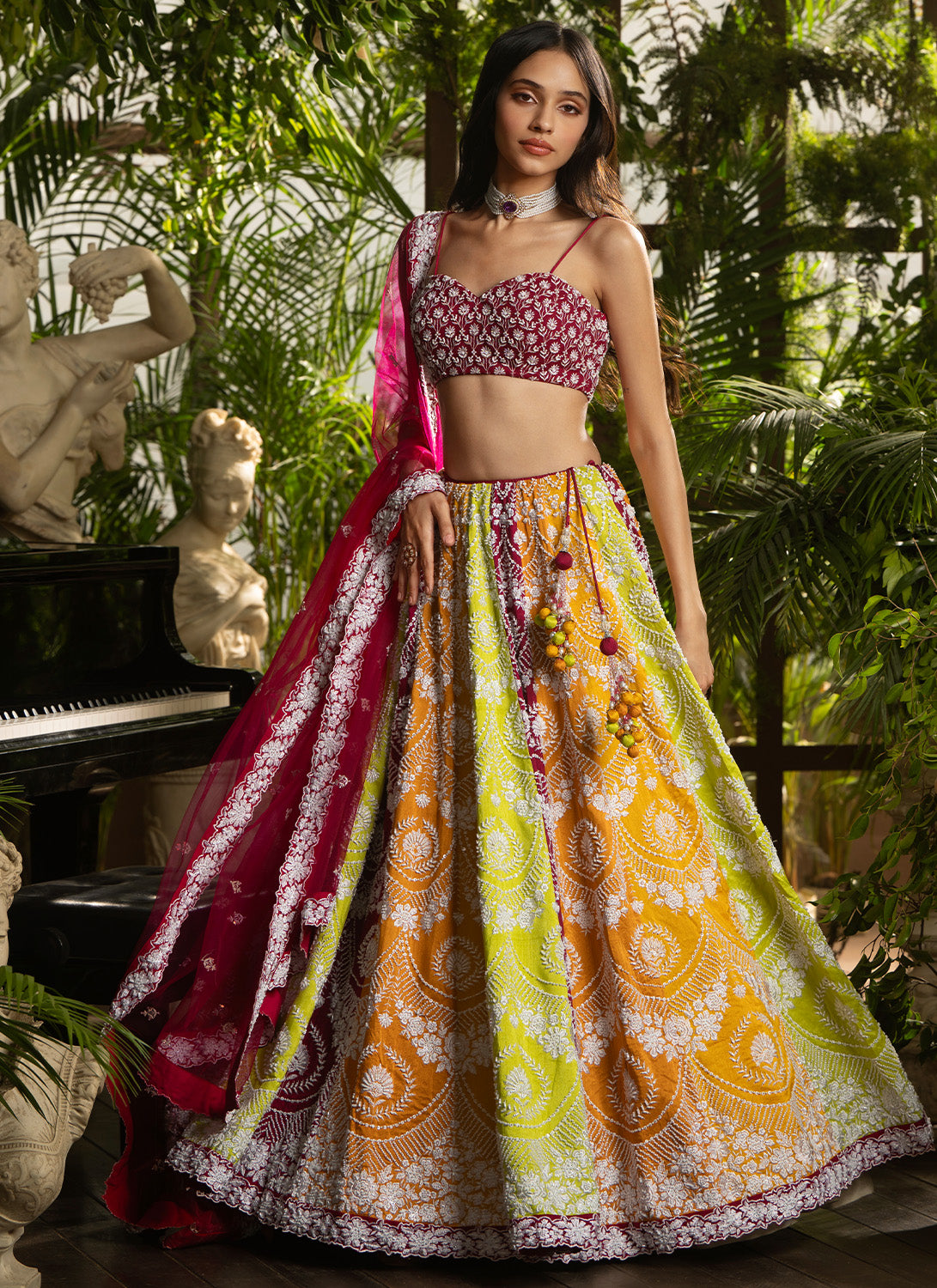 Magenta Multicolor Embroidered Pure Silk Lehenga