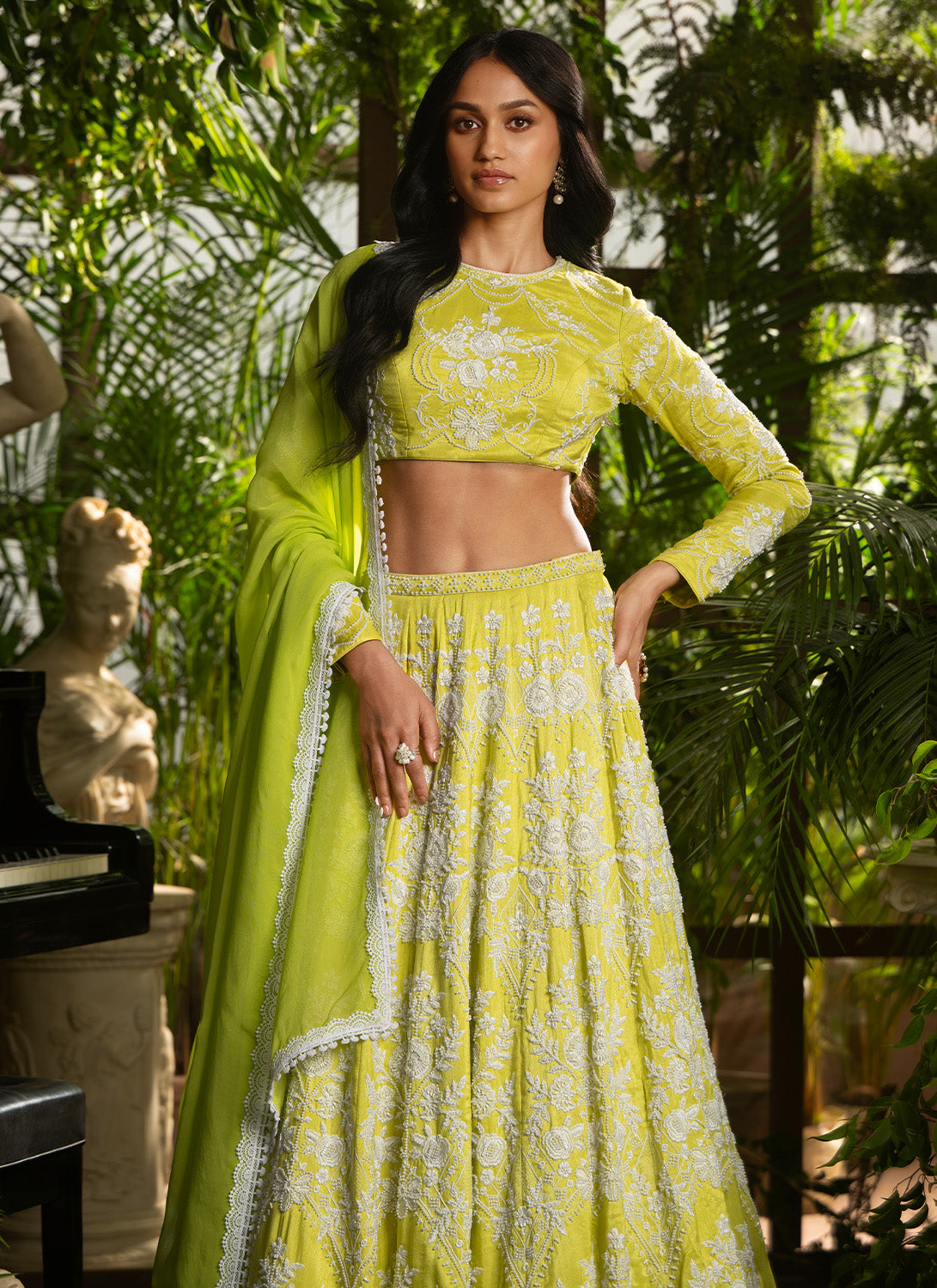 Lime Green Embroidered Pure Silk Lehenga