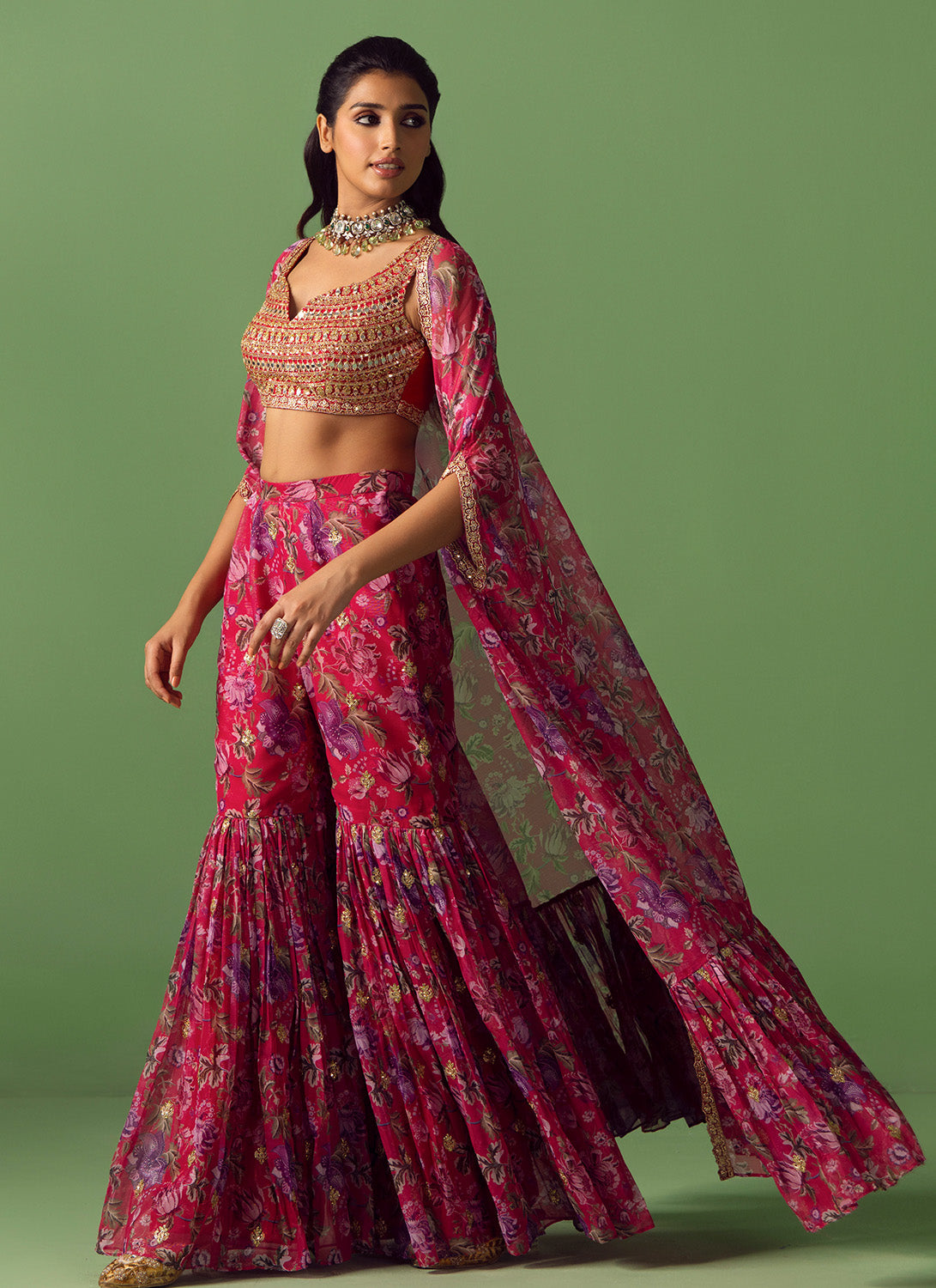 Pink Floral Printed Gharara Cape Set