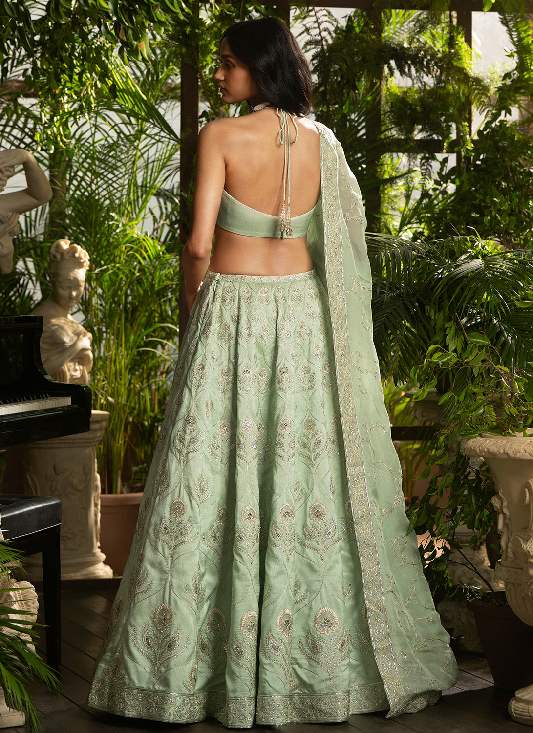Mint Green Embroidered Pure Silk Lehenga