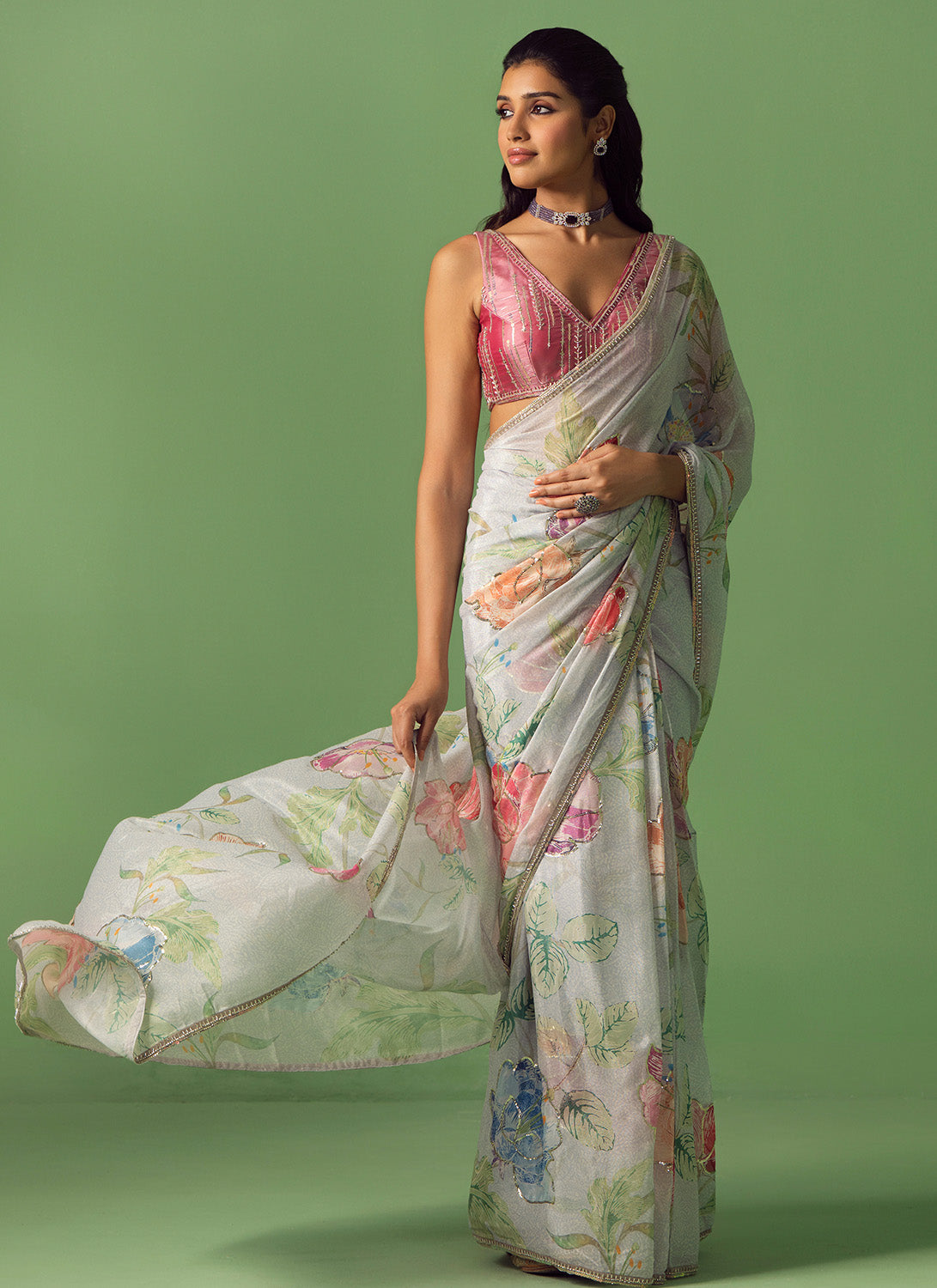Soft Blue Multicolor Floral Printed Saree