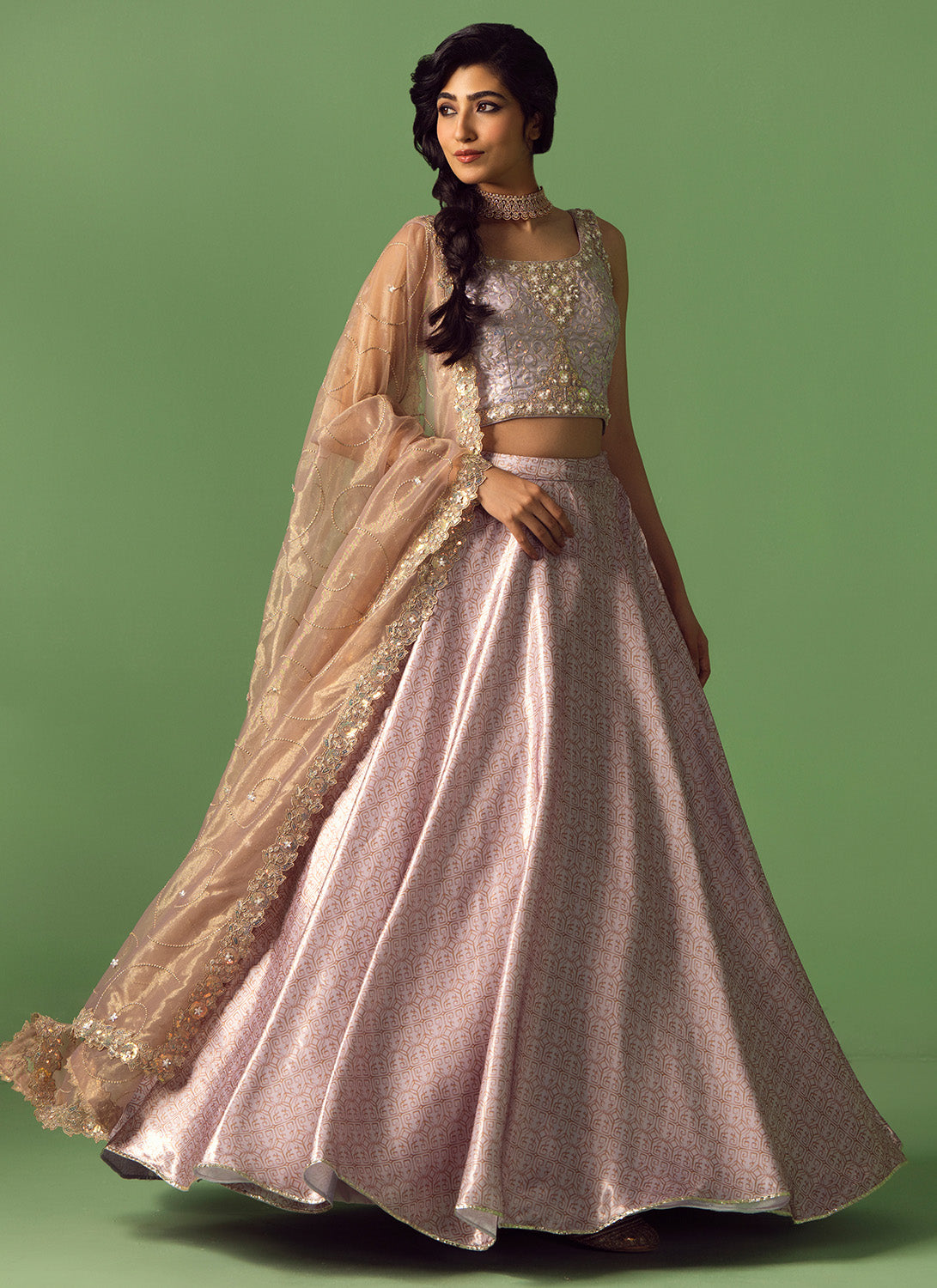 Mauve Embroidered Silk Lehenga