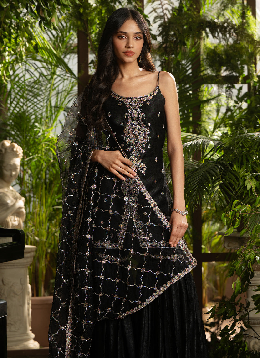 Black Embroidered Satin Velvet Gharara
