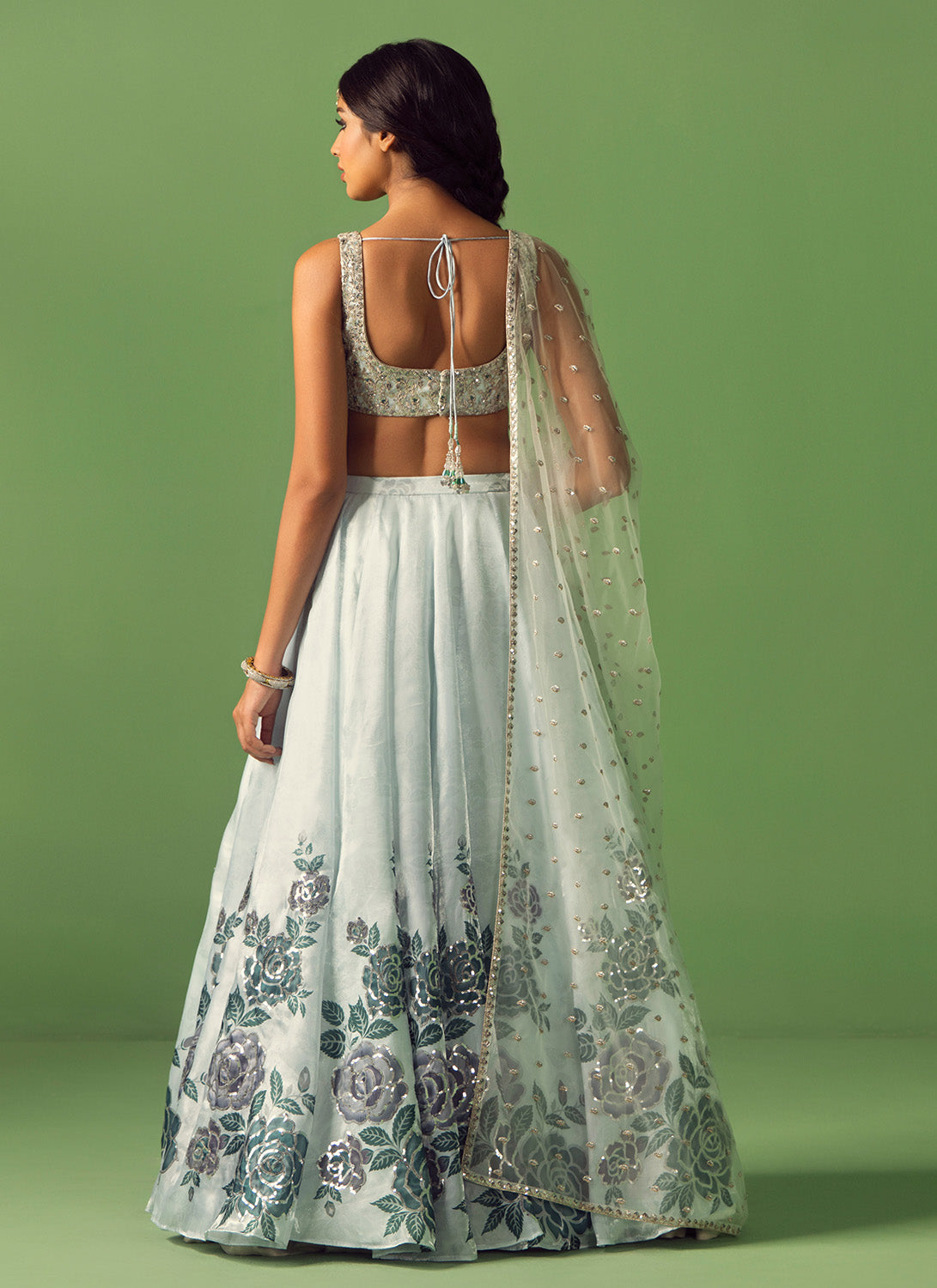 Soft Blue Floral Printed Organza Lehenga