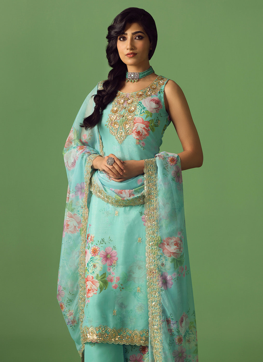 Aqua Multicolor Floral Printed Palazzo Suit