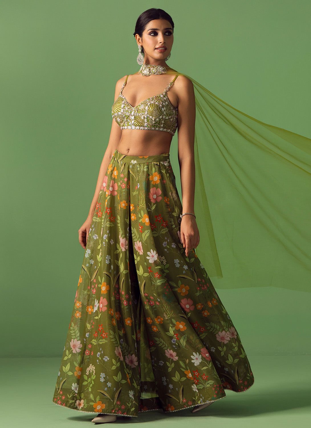 Olive Floral Printed Chiffon Pant Set