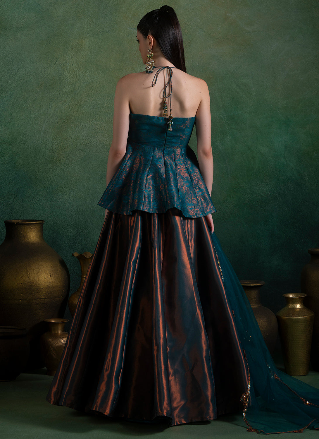 Dark Teal Embroidered Peplum Style Lehenga