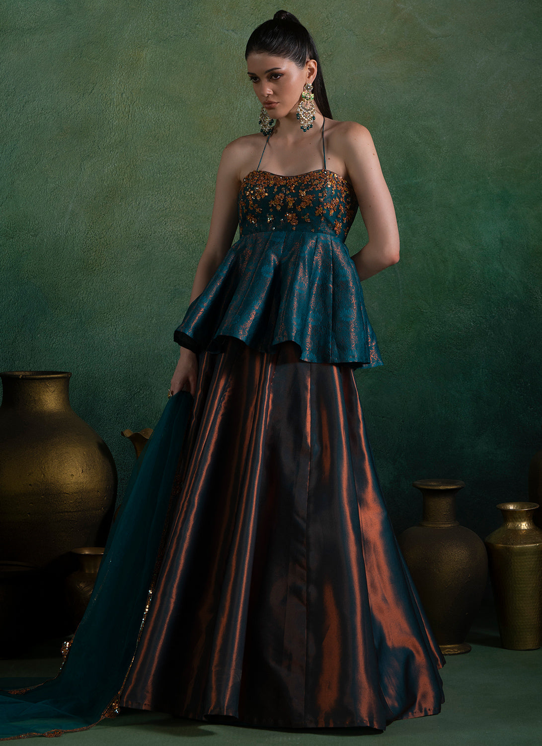 Dark Teal Embroidered Peplum Style Lehenga