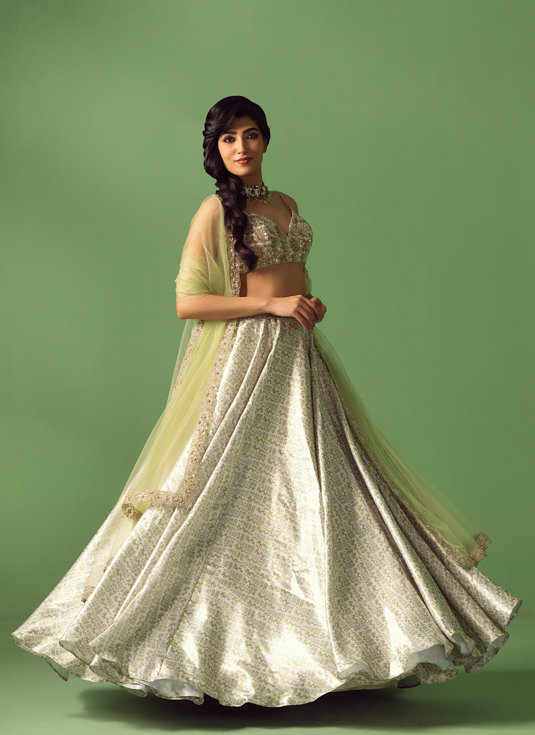Light Green Printed Organza Lehenga