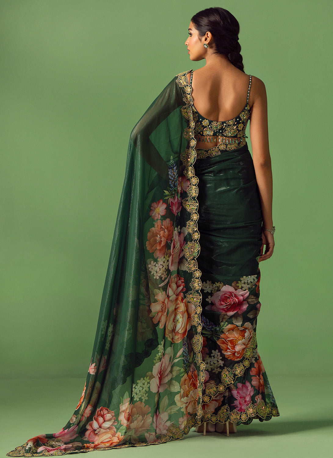 Green Multicolor Floral Printed Saree