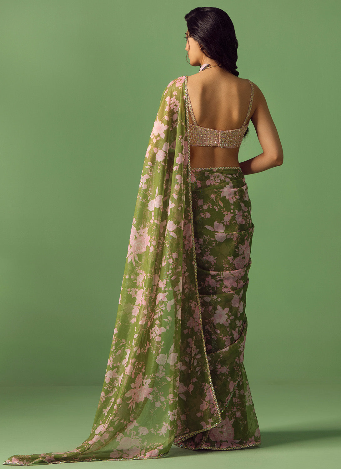 Olive Green and Pink Printed Saree