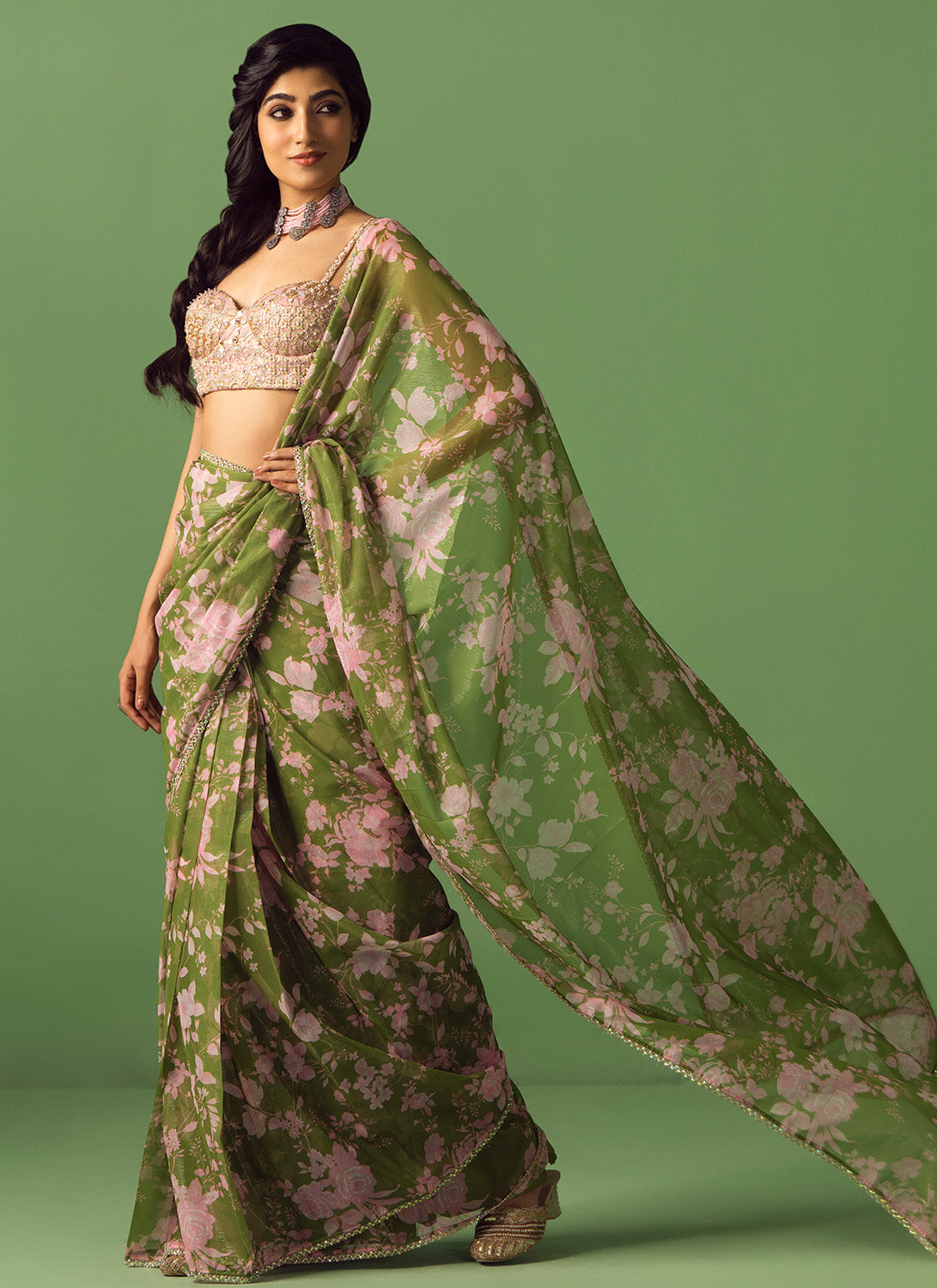 Olive Green and Pink Printed Saree