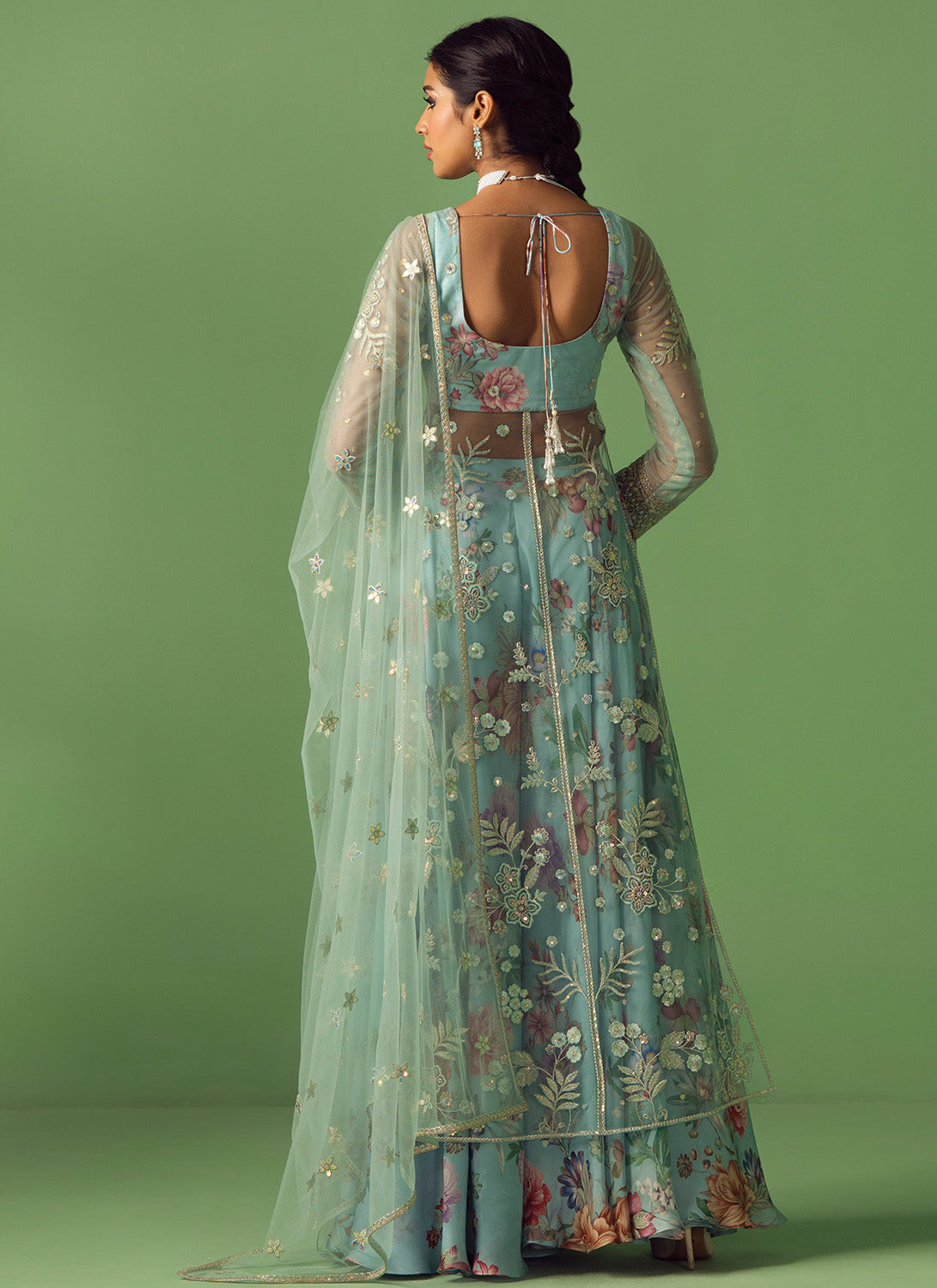 Light Blue Embroidered Net Sharara
