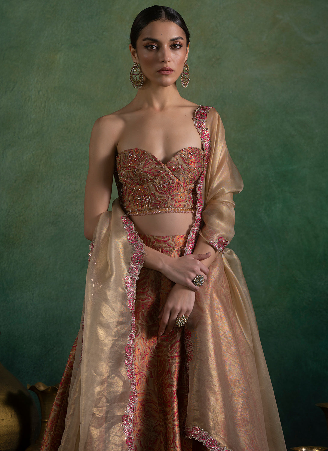 Gold and Pink Embroidered Brocade Lehenga