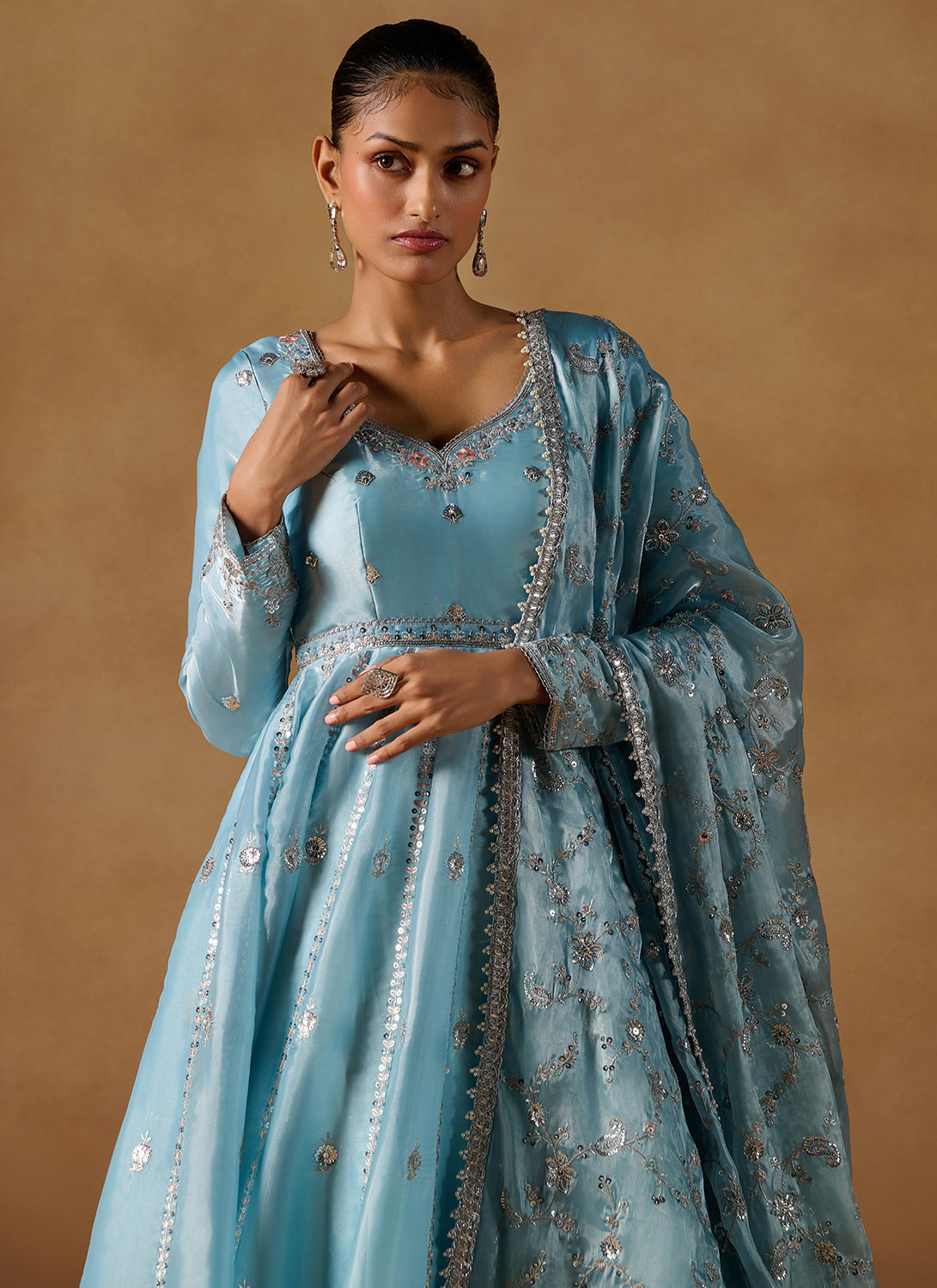 Blue Embroidered Tissue Anarkali