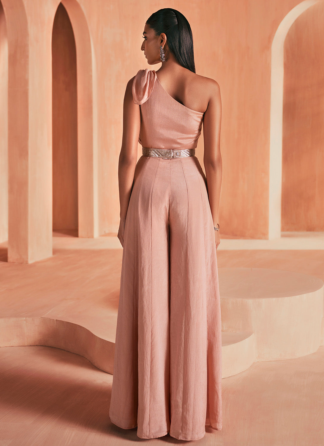 Dusty Peach Embroidered Chiffon Jumpsuit Set
