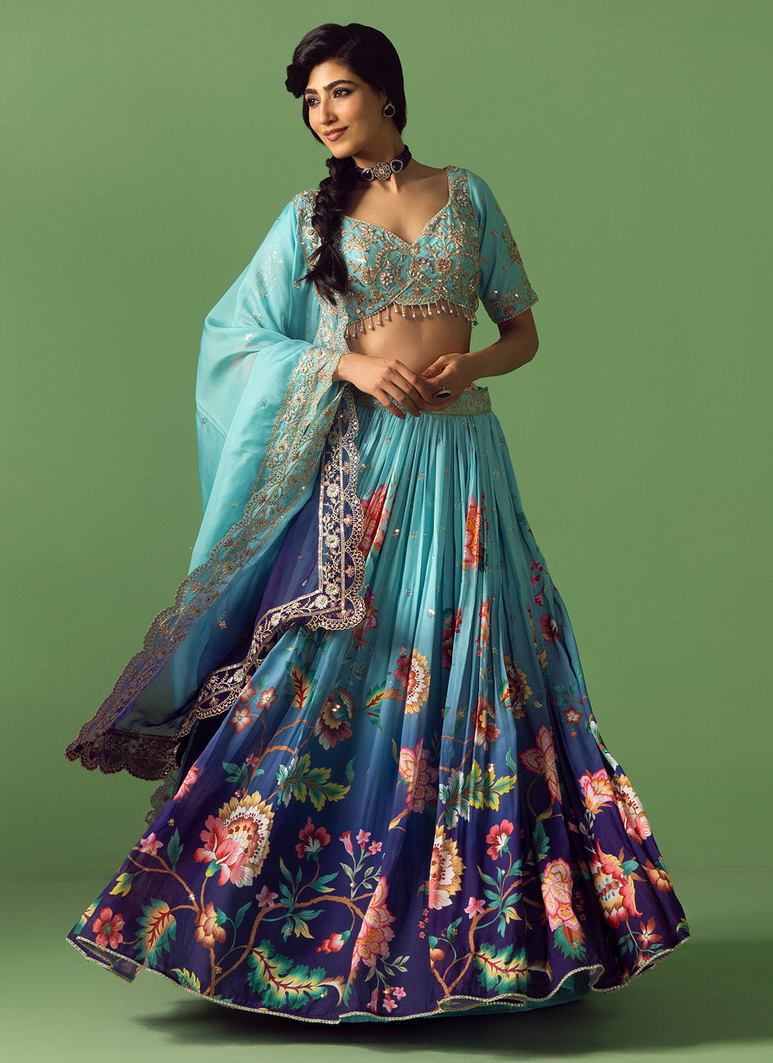 Blue Ombré Floral Printed Silk Lehenga