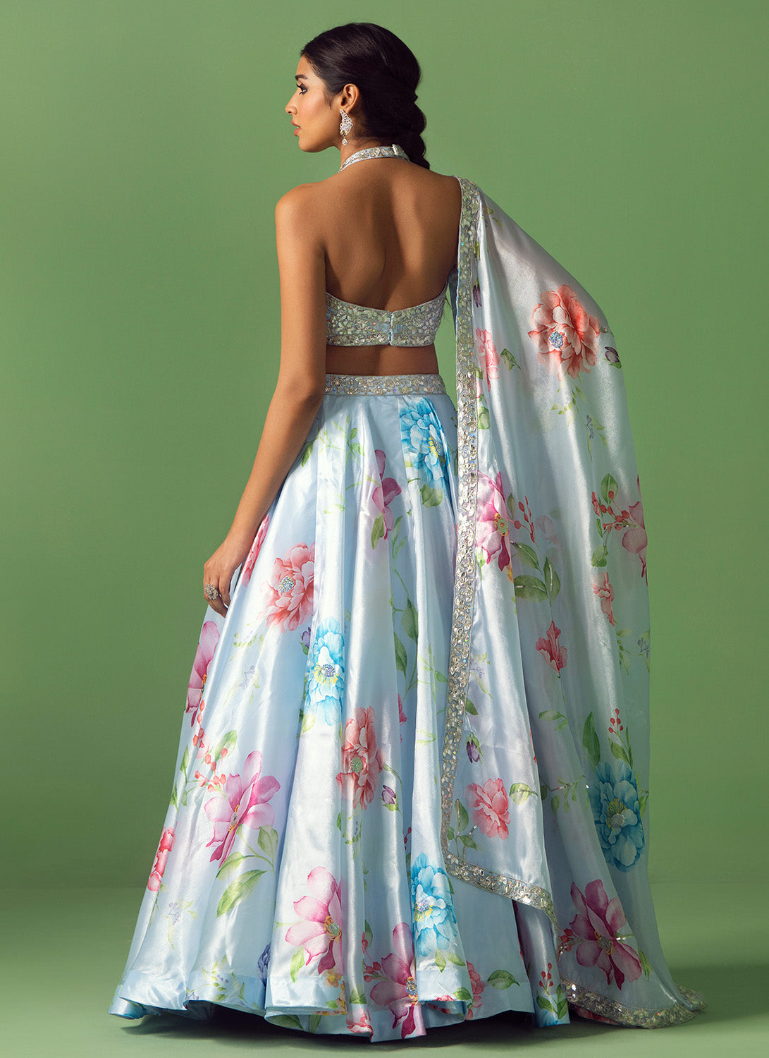 Light Blue Floral Printed Organza Lehenga