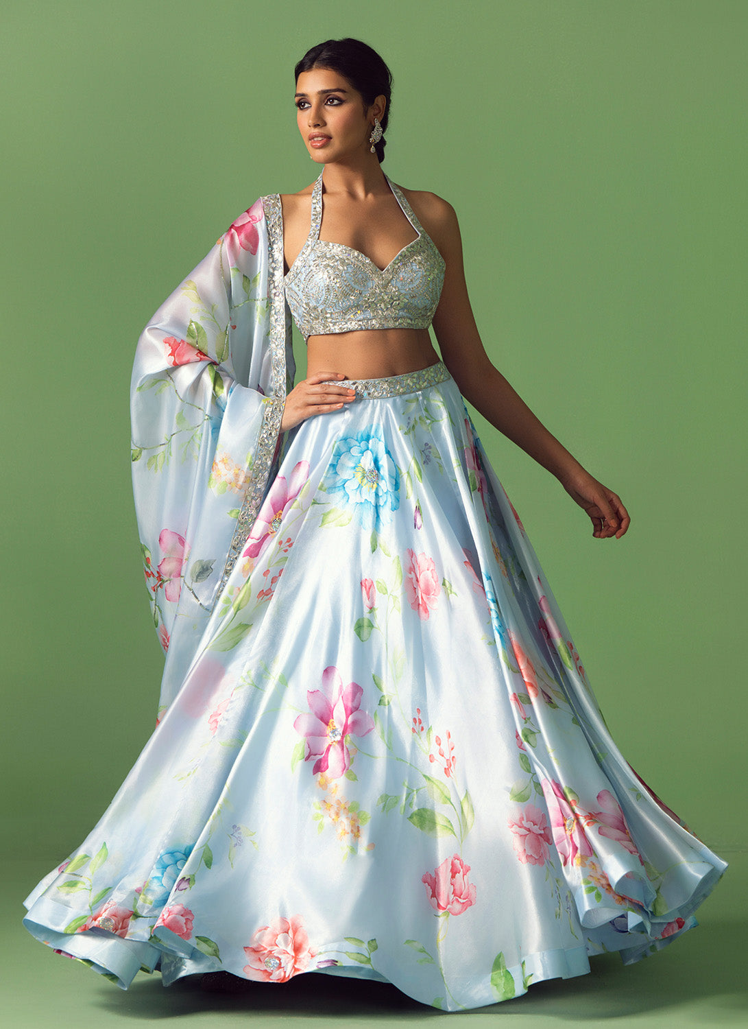 Light Blue Floral Printed Organza Lehenga