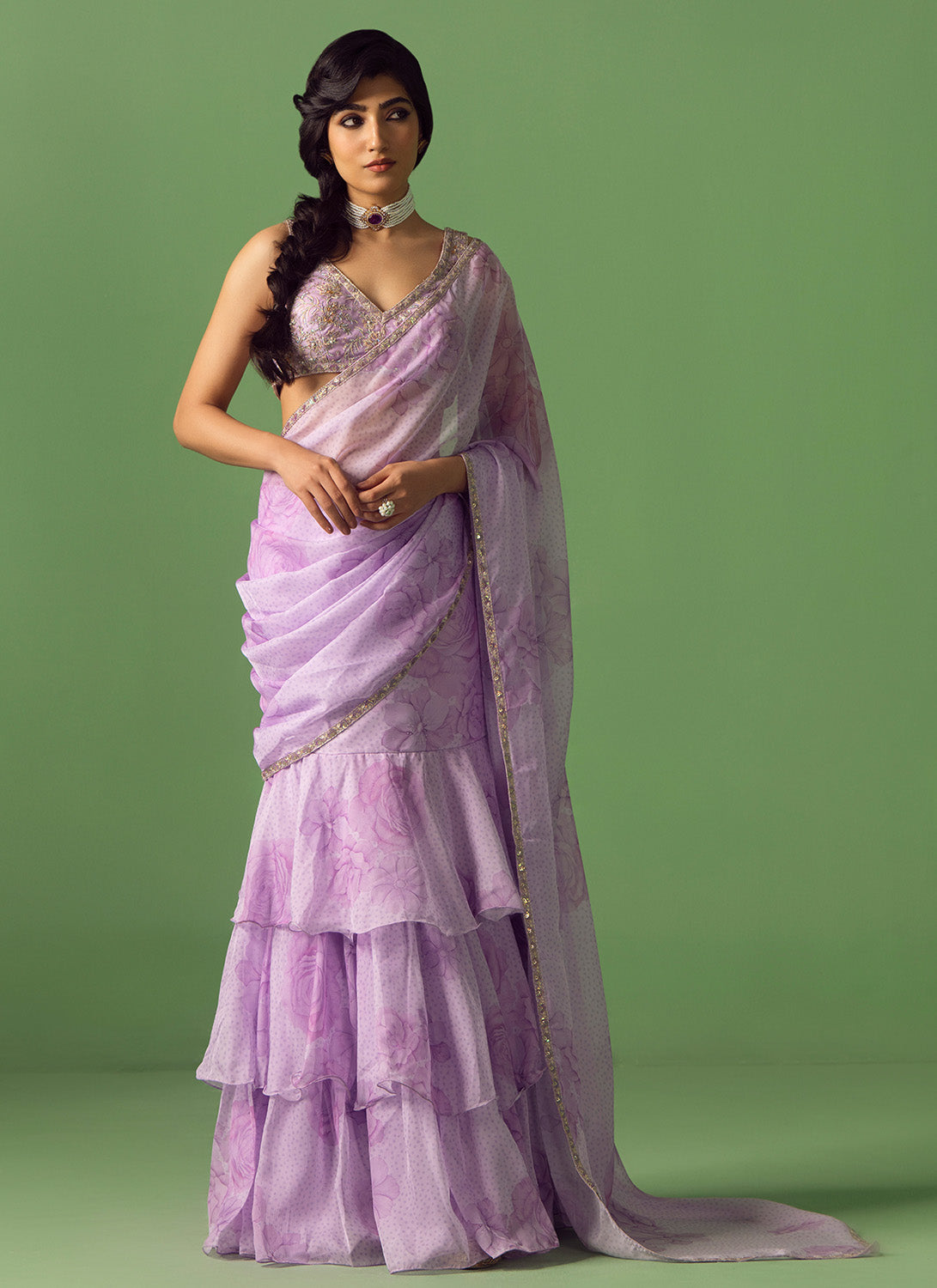 Lavender Floral Printed Organza Saree