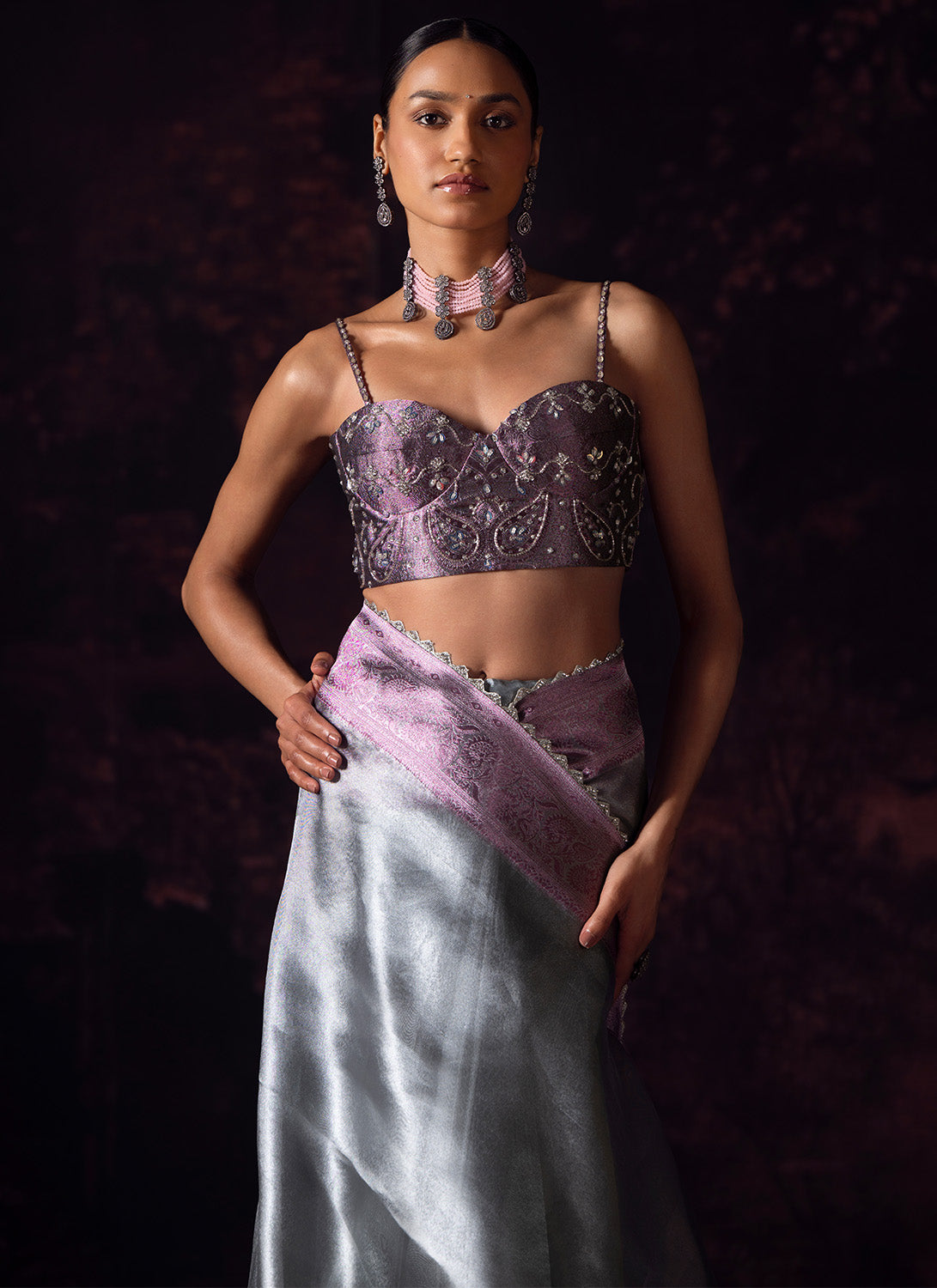 Purple and Grey Embroidered Tissue Saree