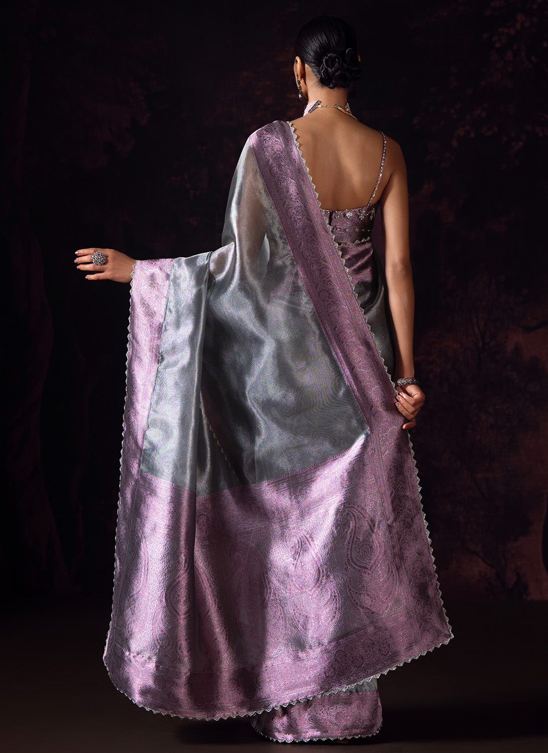 Purple and Grey Embroidered Tissue Saree