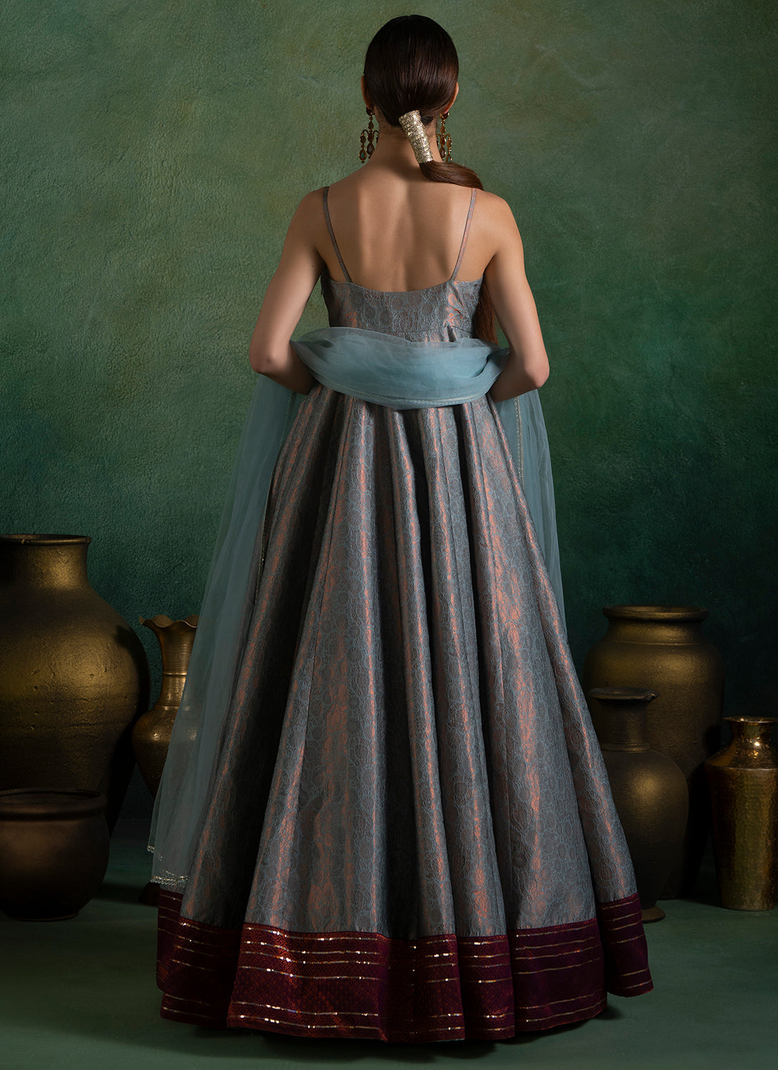 Dusty Aqua Blue Embroidered Brocade Anarkali