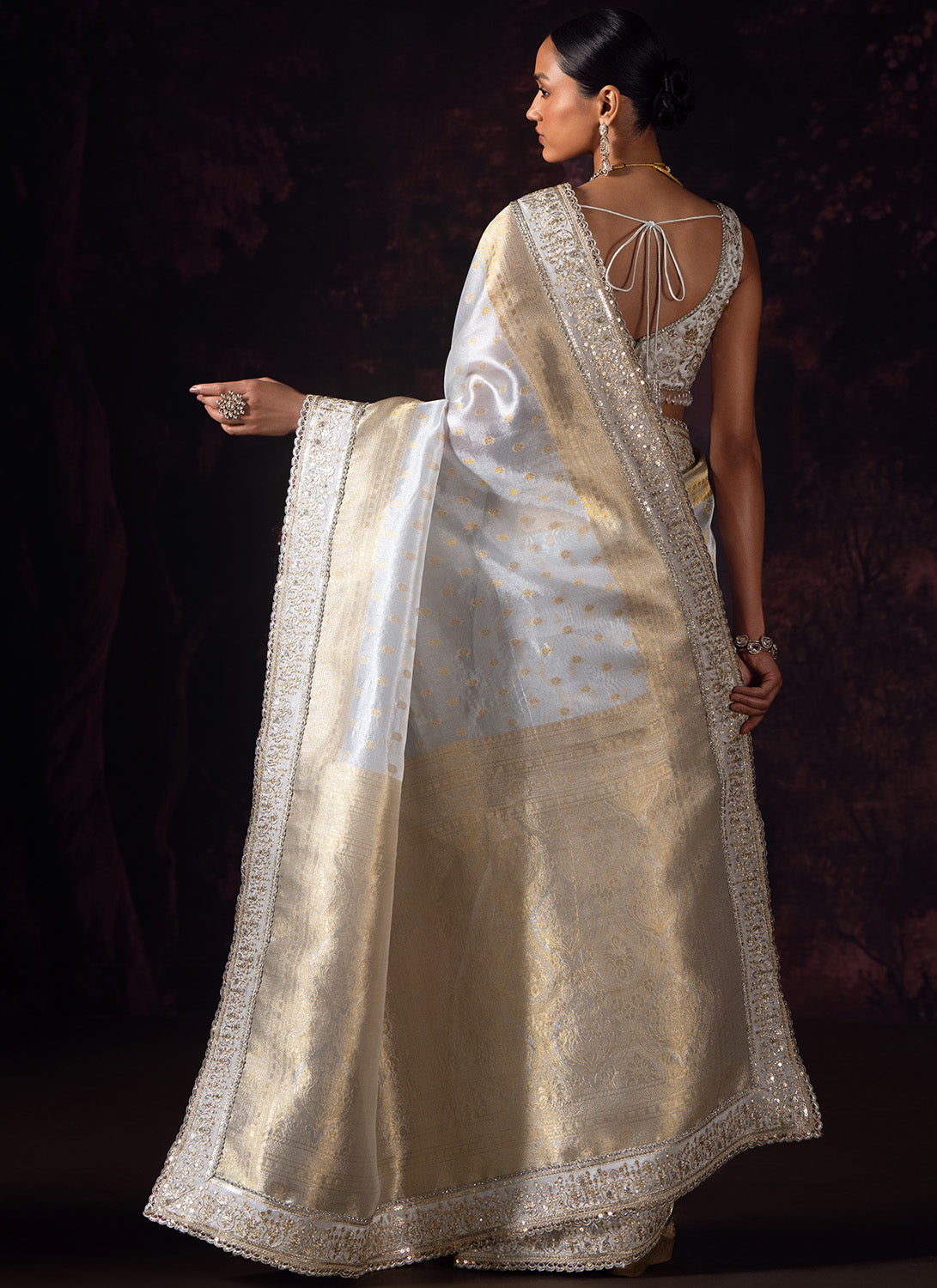 Silver and Gold Embroidered Tissue Saree
