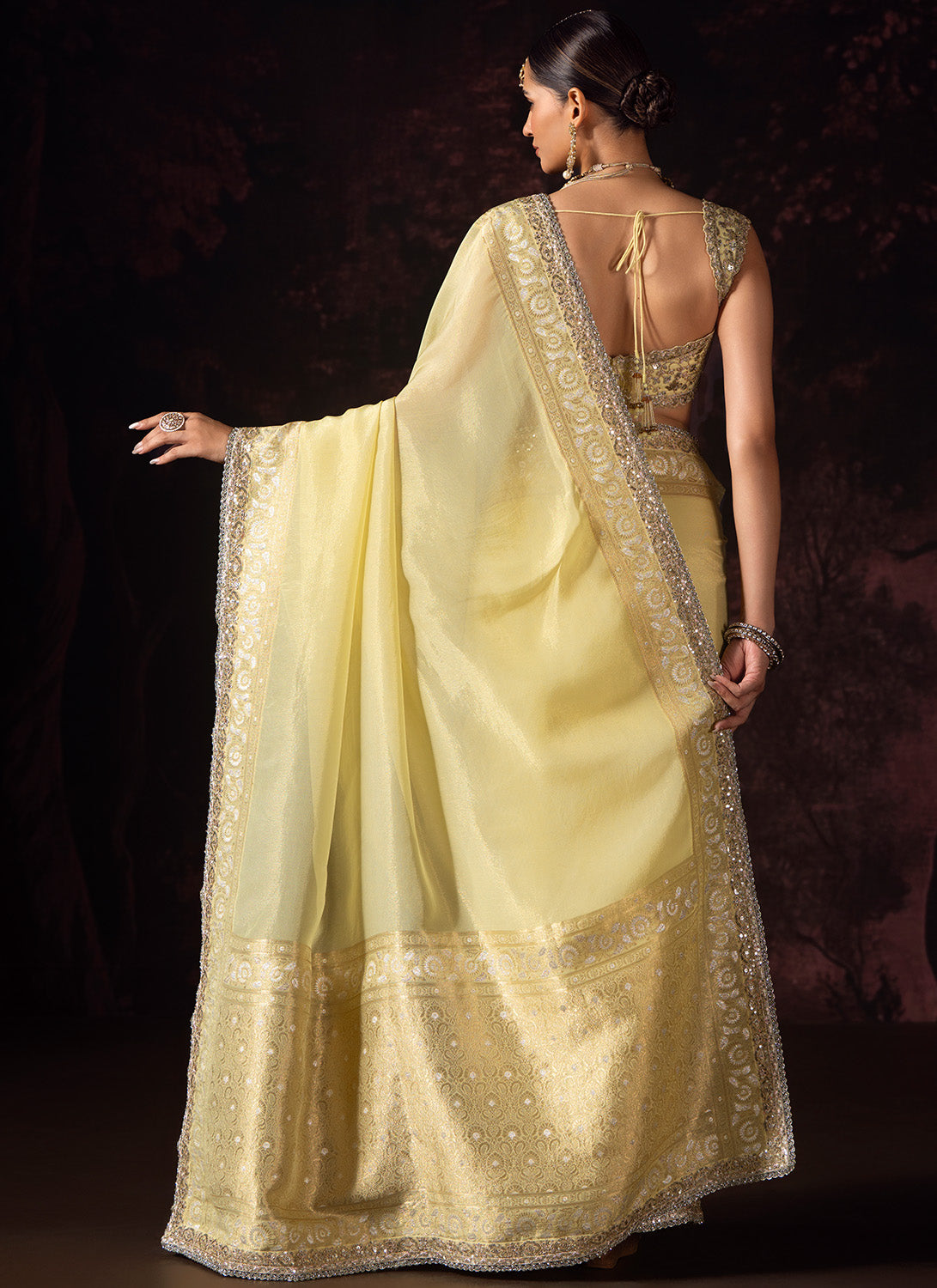 Yellow Embroidered Tissue Saree