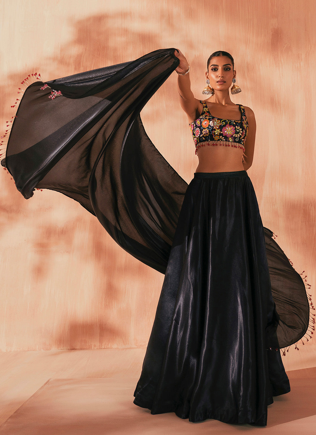Black Embroidered Satin Lehenga