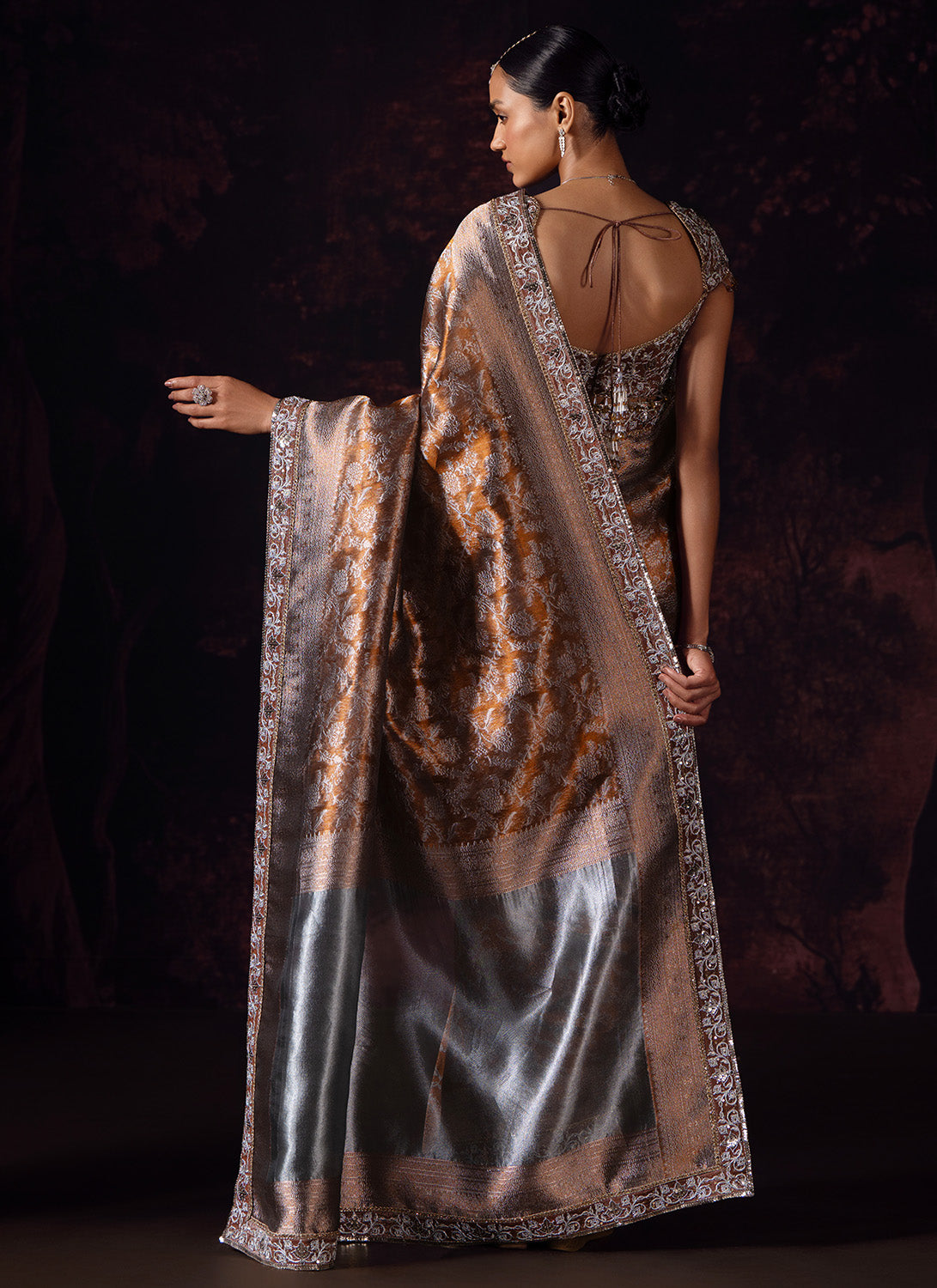 Brown Embroidered Tissue Saree