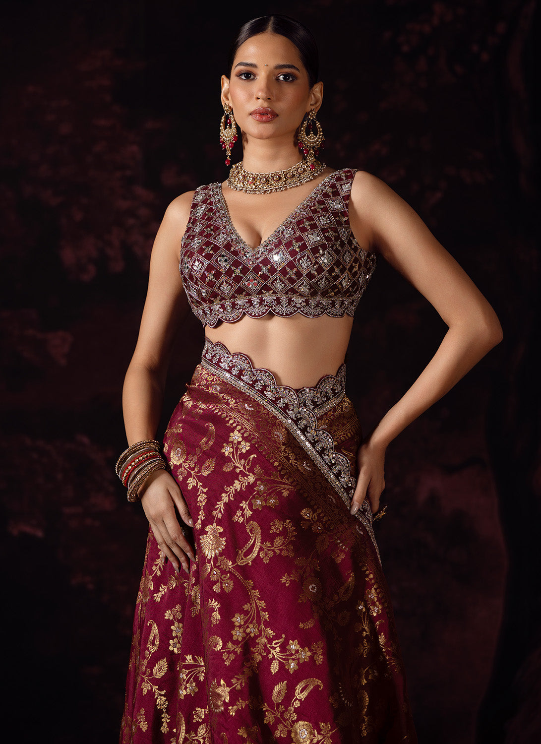 Deep Burgundy Embroidered Silk Saree