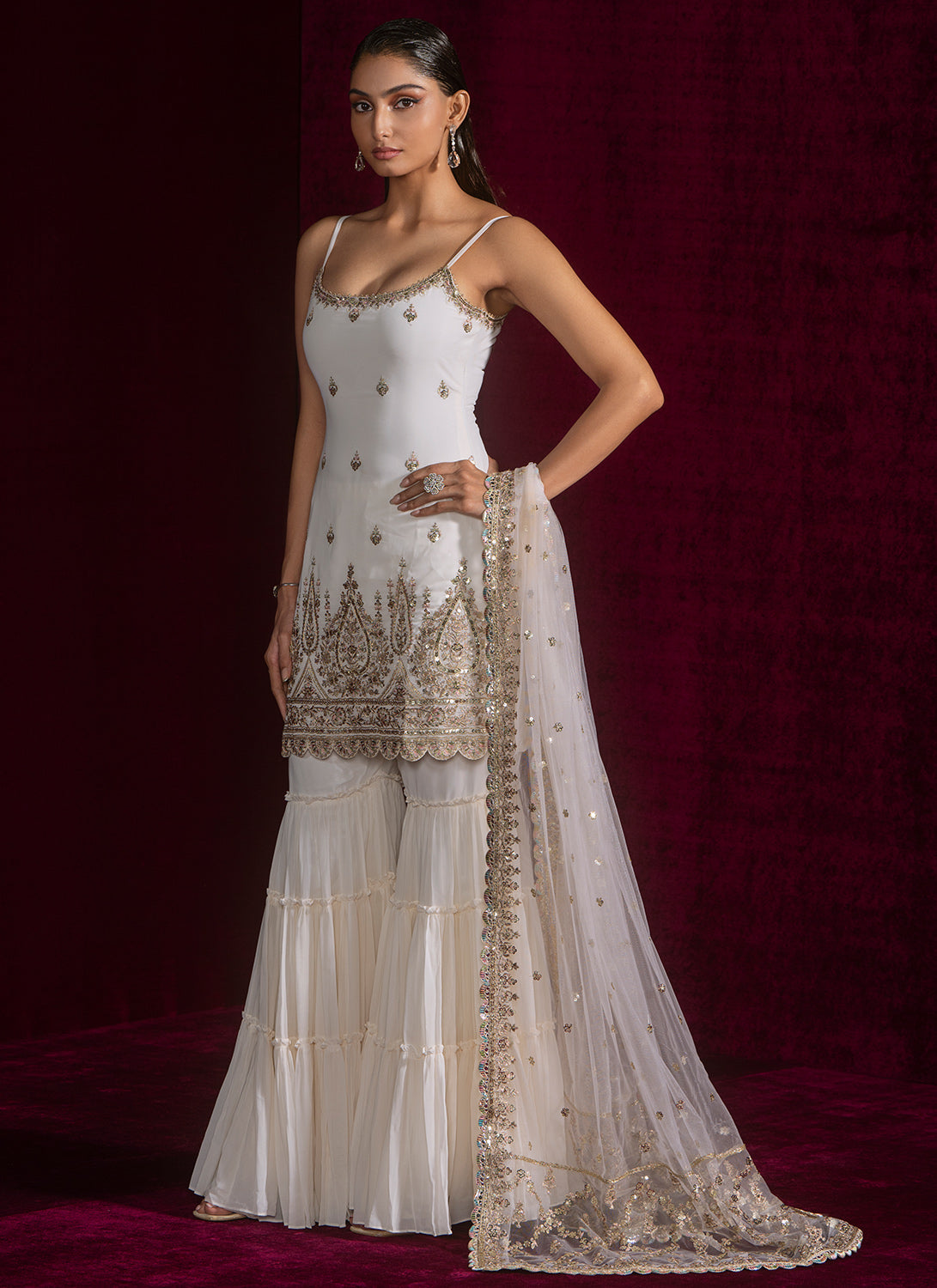 Ivory Embroidered Georgette Sharara
