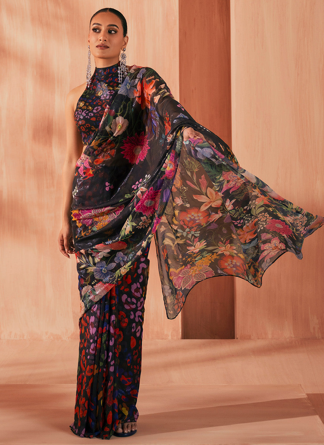 Black Multicolor Printed Chiffon Saree
