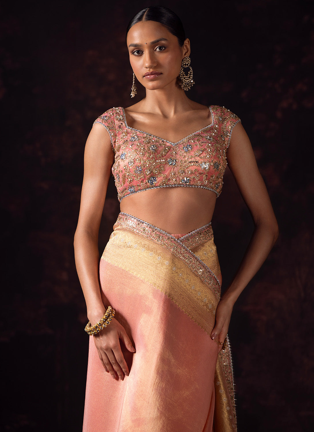 Soft Coral Embroidered Tissue Saree