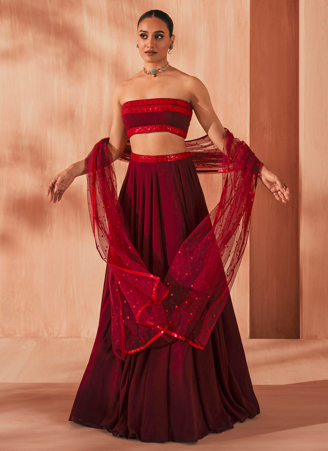 Maroon Embroidered Georgette Lehenga