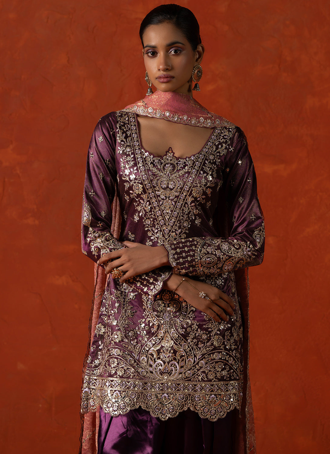 Wine Embroidered Satin Punjabi Suit