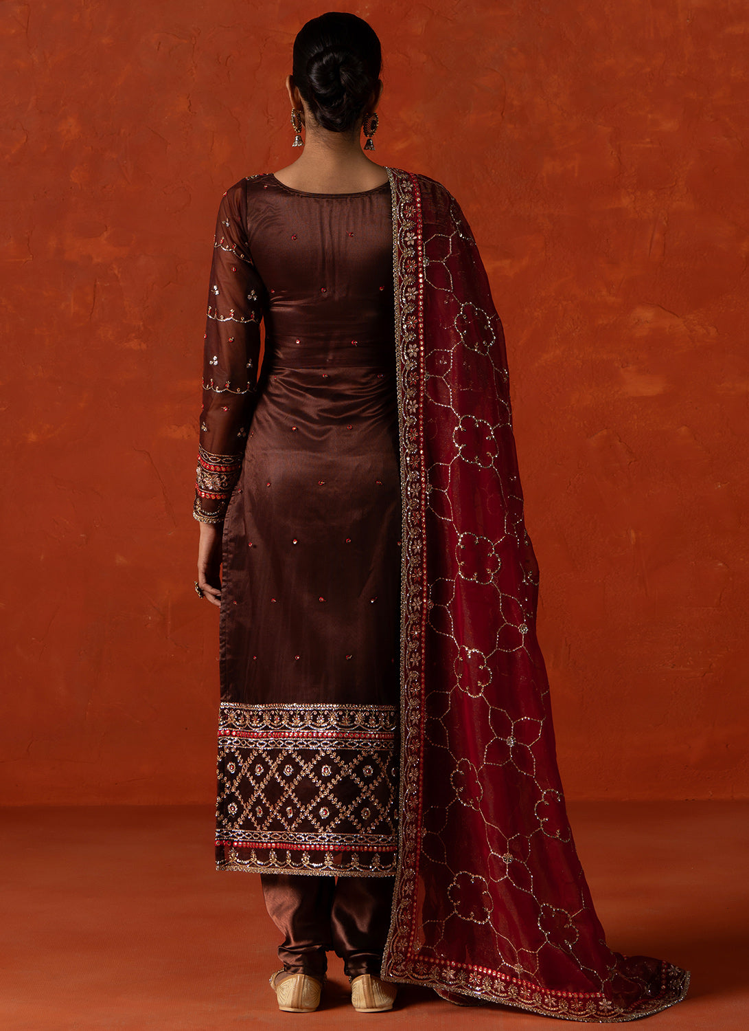 Dark Maroon and Maroon Embroidered Straight Suit
