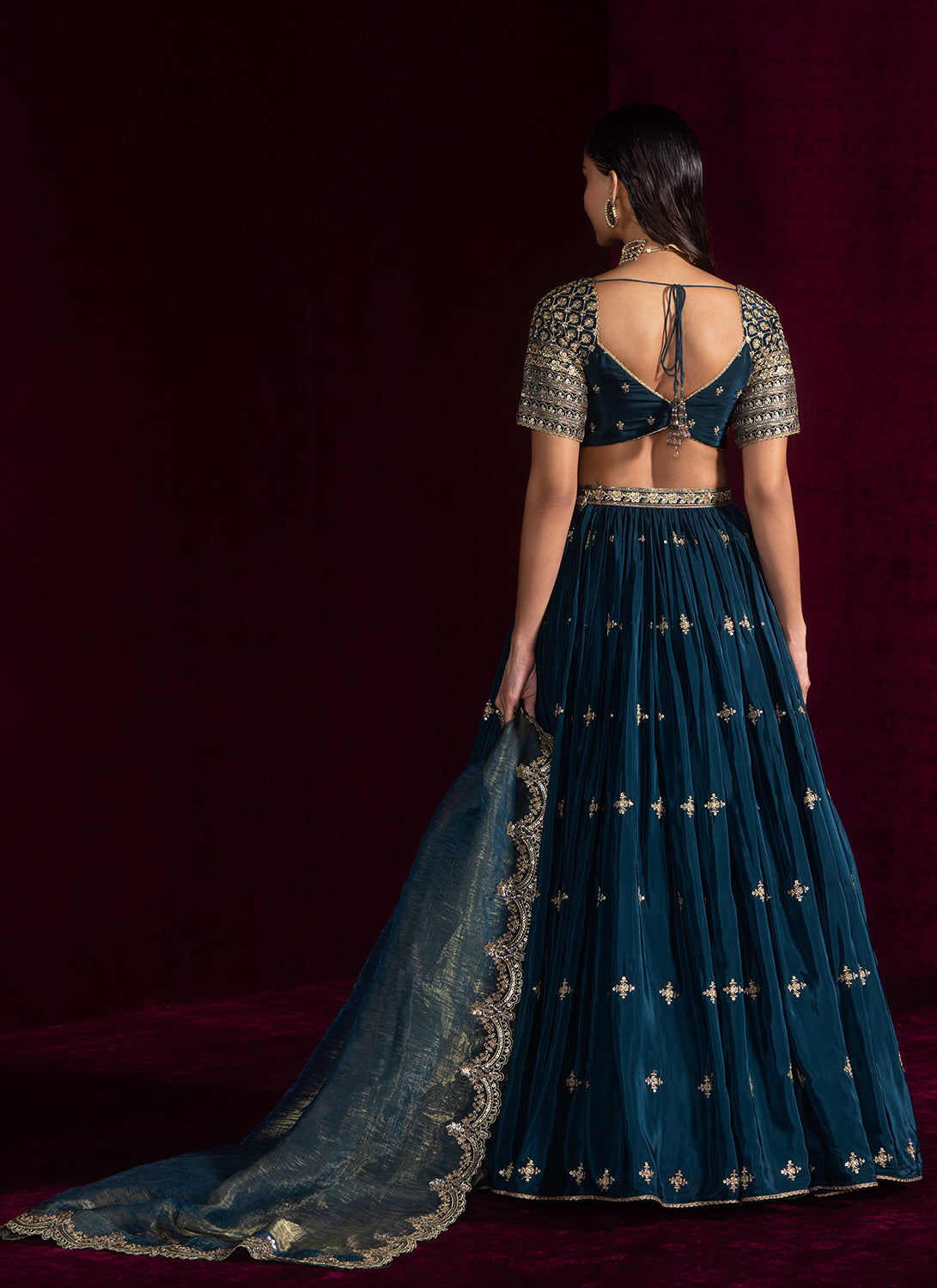 Teal Green Embroidered Crepe Lehenga