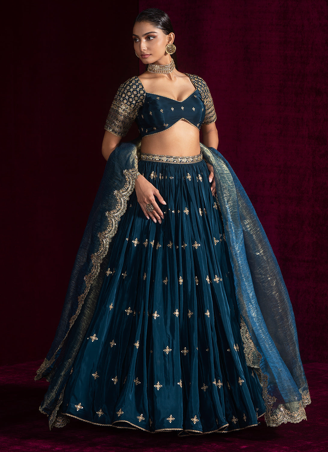 Teal Green Embroidered Crepe Lehenga