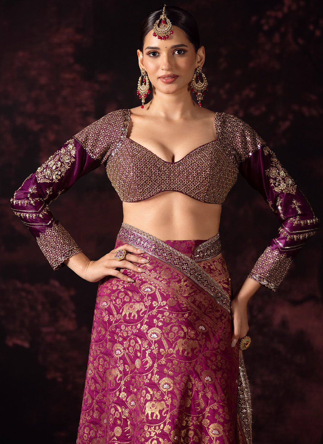 Deep Wine Embroidered Silk Saree