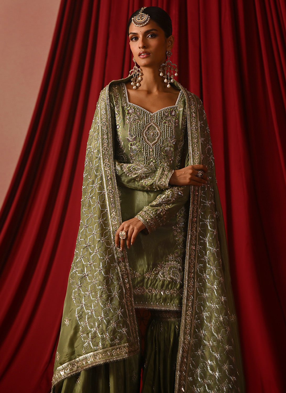 Light Green Embroidered Silk Gharara Suit