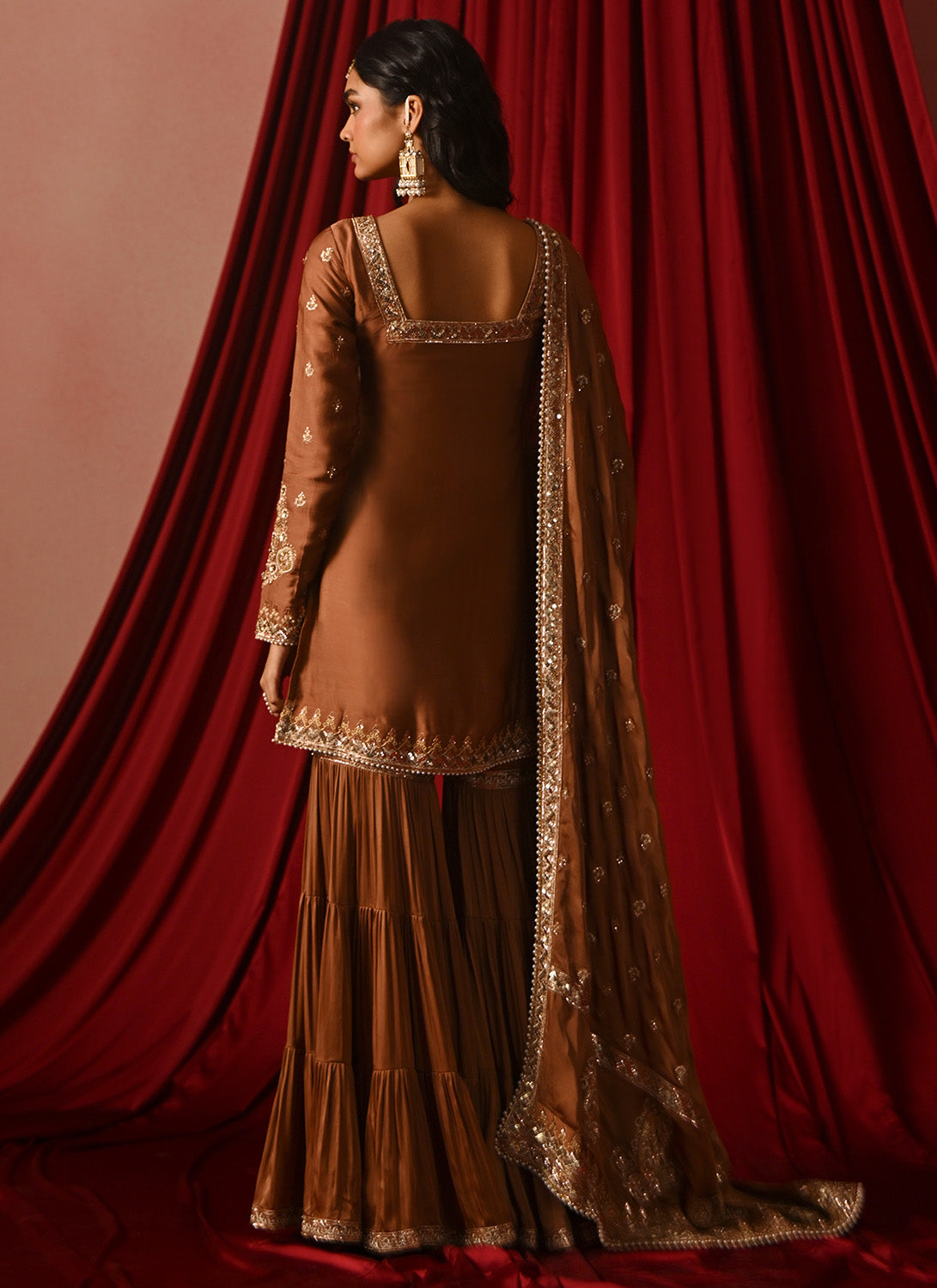 Brown Embroidered Satin Gharara Suit