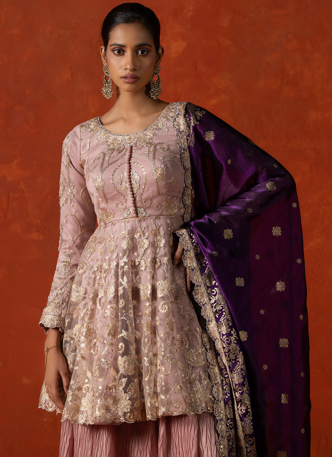 Dusty Pink and Purple Embroidered Sharara Suit