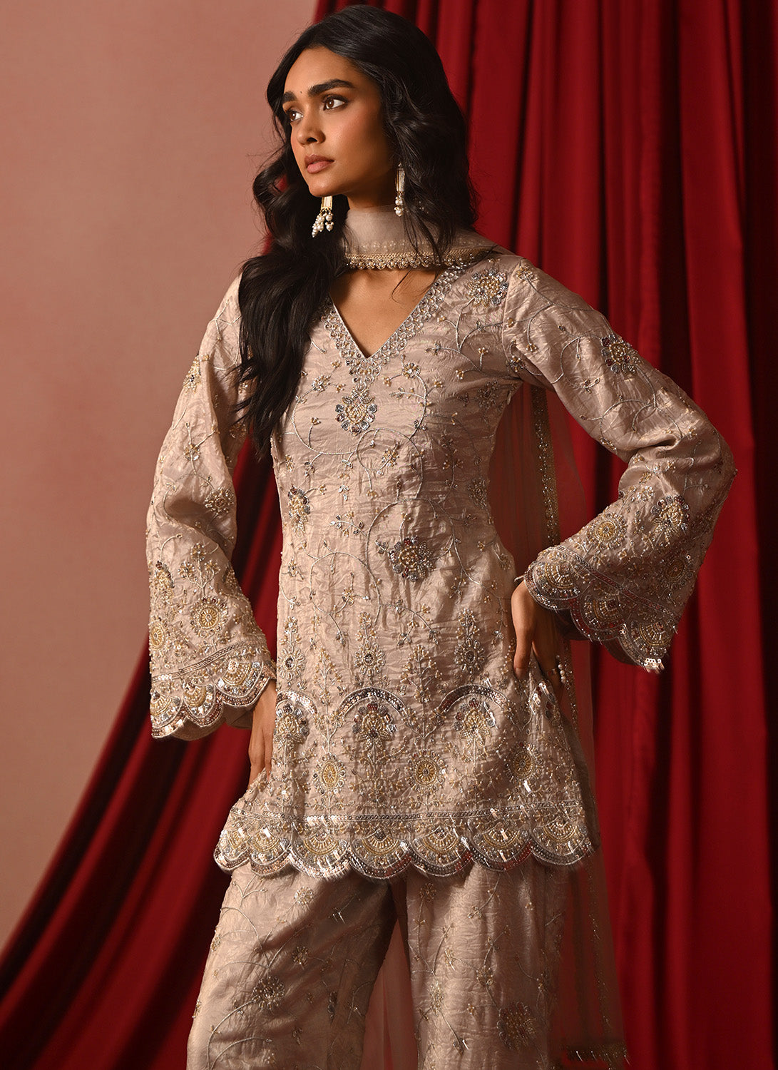 Light Nude Pink Embroidered Sharara Suit