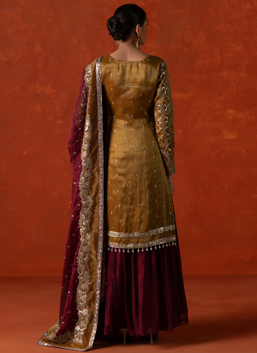 Mustard and Mulberry Embroidered Sharara Suit