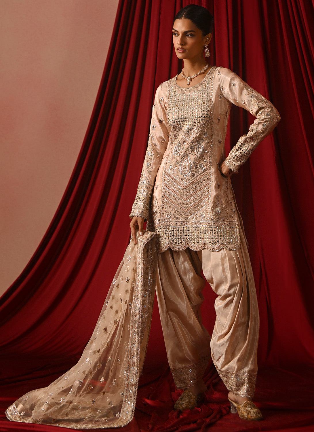 Peach Embroidered Silk Punjabi Suit