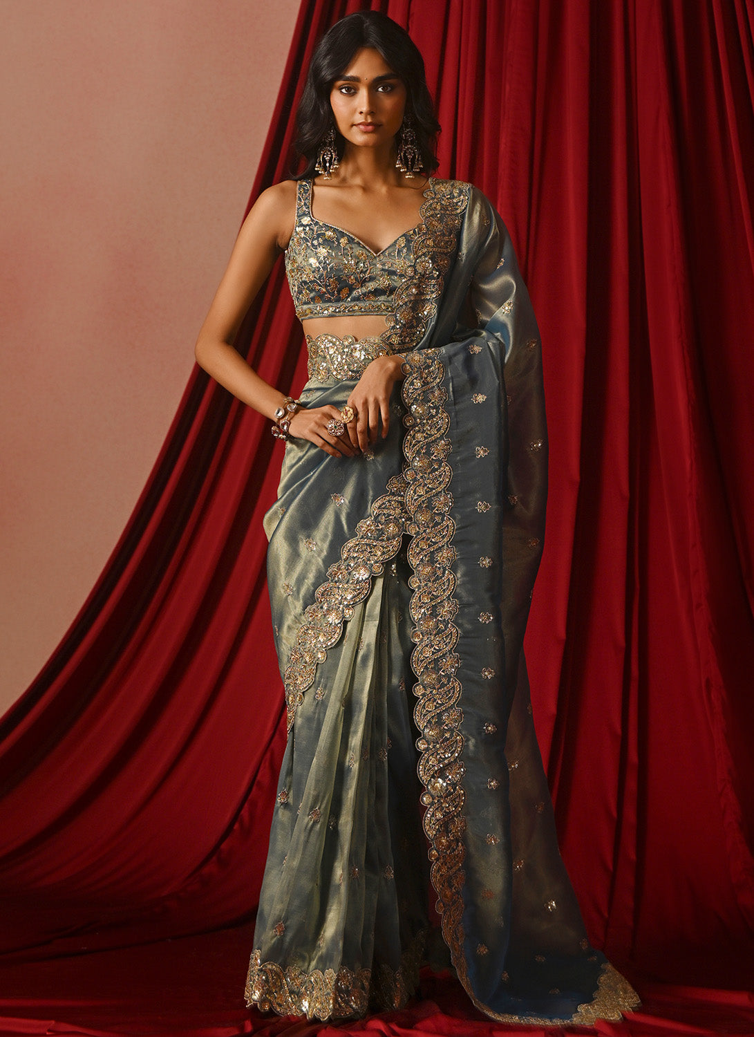 Blue Embroidered Tissue Saree