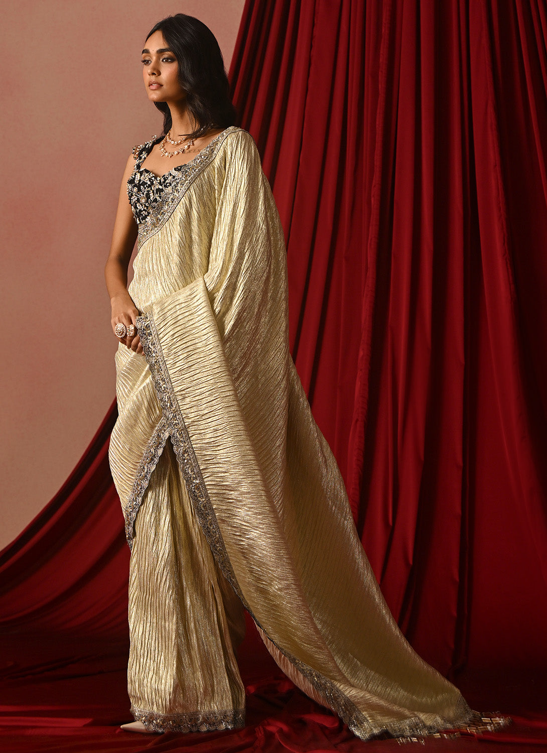 Golden Cream and Black Embroidered Brocade Saree