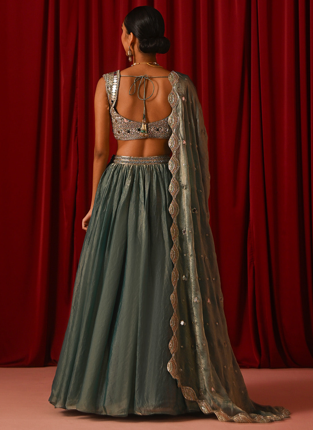 Teal Green Embroidered Satin Lehenga